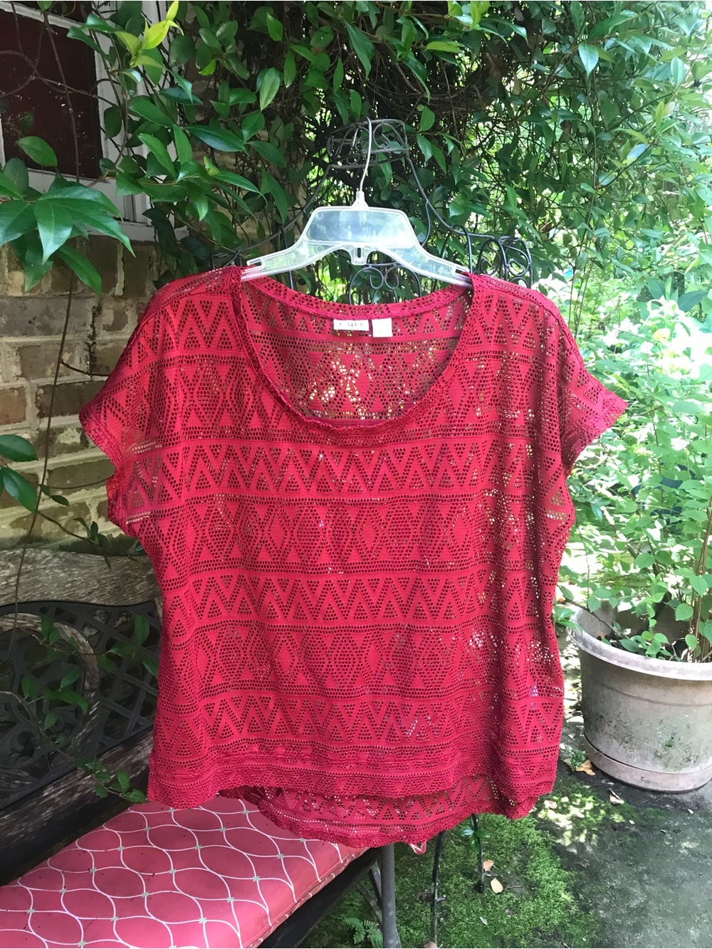 Cato Red Crochet Short Sleeve Scoop Neck Top
